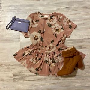 Sheer Floral Peplum Short Sleeve Pink Blouse